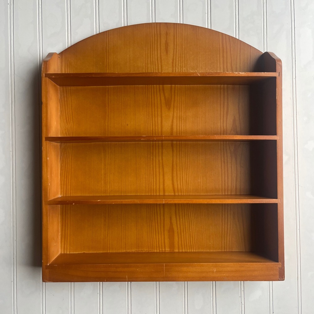 Vintage Wooden Wall Shelf 3 Tier Arched Top Honey Finish Spice Curio Rack